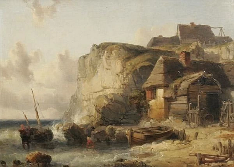 Capanne di pescatori sulla costa con una barca